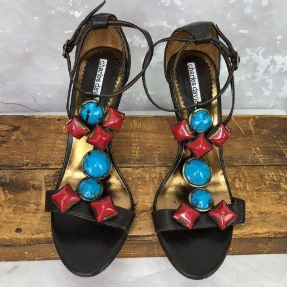 Charles David Beaded Brown Leather Sandals 7B